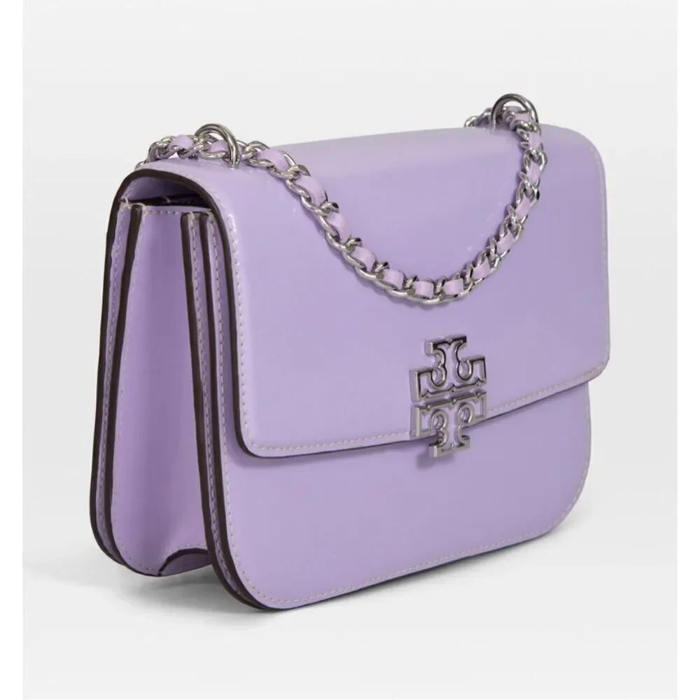 Tory Burch Purple Lavender Patent Leather Silver Logo Chain Britten Shoulder Bag